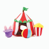 HugSmart Happy Circus Puzzle Plush Dog Toy with squeaky popcorn, ball, and magic hat toys.